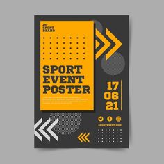 the sport event poster is displayed on a gray background with yellow and black arrows in it