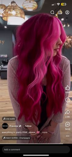 Magenta Hair With Money Piece, Magenta Hair With Pink Money Piece, Red Pink And Purple Hair, Pink Dimensional Hair, Pink And Magenta Hair, Vivid Pink Hair, Red To Pink Ombre Hair, Ombre Tattoos, Maroon And Pink Hair