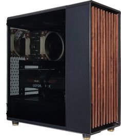 a black and brown computer case with wooden panels on the front, side panel and sides