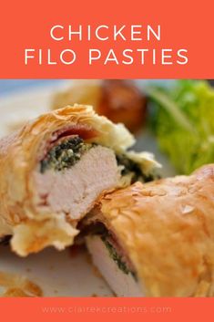 chicken filo pasties on a plate with lettuce