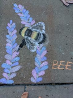 someone is standing on the sidewalk with their feet in front of a chalk drawing of a bee