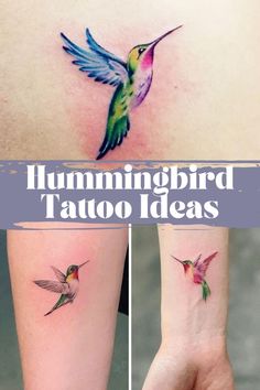 hummingbird tattoos on the arm and wrist, with different colored birds flying around it