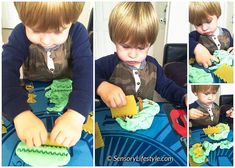 a collage of photos showing a young boy playing with green playdoughs