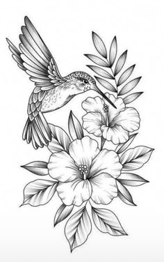 a black and white drawing of a hummingbird flying over flowers