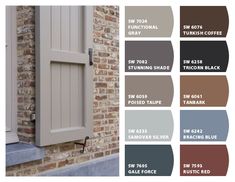 an image of exterior paint colors with brick wall and window color swatches in different shades