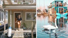 two pictures side by side one shows a house and the other shows a woman standing on a dock