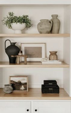 Picture Layering On Shelf, Decorating Shelves Living Room, Simple Built In Shelves Decor, Modern Farmhouse Shelf Styling, Plants On Built In Shelves, 2 Shelf Styling, Modern Shelving Decor, Shelf Decor Dark Wood, Build In Shelf Decor