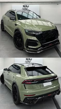 the front and back view of an suv in two different views, one is light green