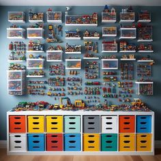 there is a toy storage area with legos on the wall