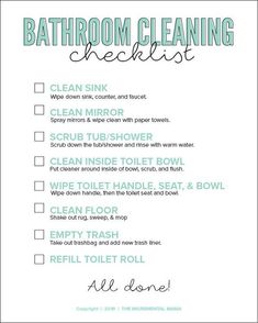 the bathroom cleaning checklist is shown in green and white