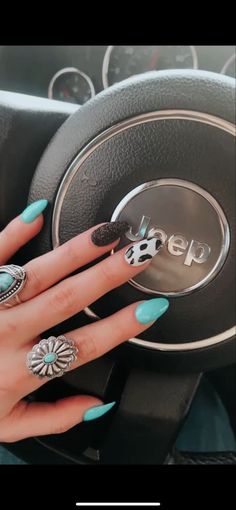 Nashville Acrylic Nails Ideas, Summer Acrylic Nails Turquoise, Short Acrylic Nails Country Designs, Western Nails Acrylic Almond, Country Concert Nails Almond, Teal Acrylic Nails Designs, Simple Western Nails Almond, Country Fest Nails, Luke Combs Nail Ideas