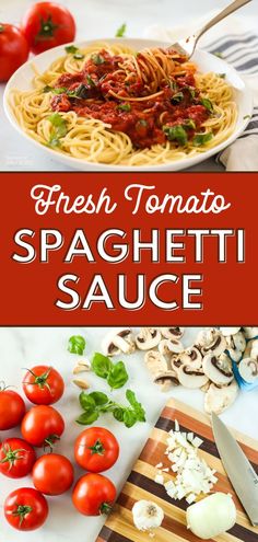 fresh tomato spaghetti sauce in a white bowl with tomatoes and parsley on the side