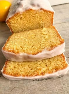 three slices of lemon pound cake with icing