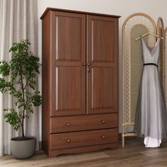 a dress hanging on a rack next to a wooden cabinet and plant in a room