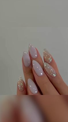 Gelx Short Oval, New Years Nails Sparkly Almond, Simple Elegant Oval Nails, Mani Nail Design, Bridal Jelly Nails, Neutral Nails Glitter Accent, Fall Wedding Nails Almond Shape, Engagement Almond Nails, Black Glitter Nails Almond Shape