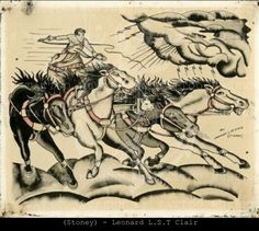 an old drawing of two men on horses chasing another man in the sky above them