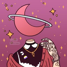 a drawing of a person with tattoos on their arms and arm, holding a necklace in front of the moon