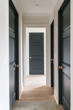 an empty hallway with black doors and wood flooring on either side of the door