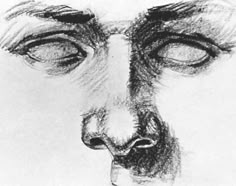 a black and white drawing of a man's face with one eye open, looking to the side