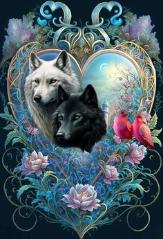 two wolfs in a heart shaped frame with flowers and birds on the side, one is