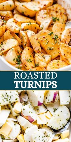 roasted turnips in a white bowl with text overlay