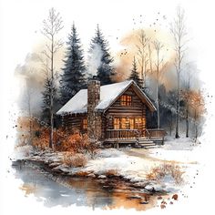 a watercolor painting of a cabin in the woods