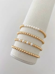 Gold Filled Bracelet Stack, Pearl And Gold Bead Bracelet, Beaded Bracelets Gold, Gold Bracelet Stack, Gold Beaded Bracelets, Gold Bracelets Stacked, Paperclip Bracelet, Accessories Business, Bracelet Inspiration