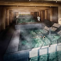 an artist's rendering of a man swimming in a hot tub with steam coming from it