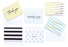 several thank you cards and envelopes on a white surface with polka dots, stripes, and lines