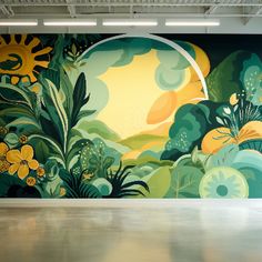 an empty room with a large mural on the wall and plants painted on the walls