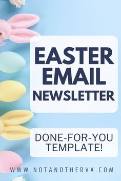 an easter email is shown with pastel colored eggs and bunny ears on blue background