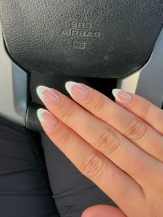 french tip with chrome!! Chrome French Tips Almond, French Manicure White Chrome, Almond French Tip Chrome Nails, Short French Tip Chrome Nails, Pink French Tips With Chrome, Almond French Tip Chrome, White French Tip With Chrome, White French Tip Chrome, Pink French Tip Chrome