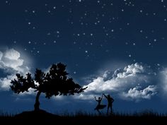 two people are standing under a tree in the night with stars and clouds above them