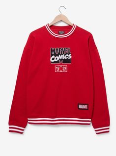 Show off your Marvel style with this comic book crewneck! This sweatshirt features embroidered "Marvel Comics Since 1939" lettering on the front  plus an applique of "39" on the back. It's a must-have for any off-duty hero.A BoxLunch Exclusive!60% sustainable cotton; 40% polyester fleeceListed in unisex sizesWash cold with like colors; dry lowImported Book Crewneck, Marvel Names, Marvel Merch, Marvel Style, Marvel Fashion, Marvel Gifts, Geek Clothes, Marvel Clothes, Marvel Comics Superheroes