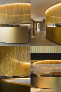 four different views of the inside of a building with gold and black accents on it