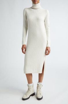 Mixed-width ribbing lends varied texture to a sumptuous sweater-dress knit from a blend of virgin wool and cashmere. Buttoned sides allow for easy, adjustable movement. Slips on over head Turtleneck Long sleeves Button side slits 92% virgin wool, 8% cashmere Dry clean Made in Italy Designer Clothing Elegant White Sweater With Ribbed Neckline, Elegant Spring Sweater With Ribbed Neckline, Elegant Knit Sweater For Daywear, Elegant Ribbed Midi Dress For Daywear, Elegant Knit Sweater, Elegant Midi Dress With Ribbed Neckline, Elegant Fitted Sweater For Daywear, Elegant Cream Sweater Dress For Winter, Elegant Winter Sweater With Ribbed Neckline