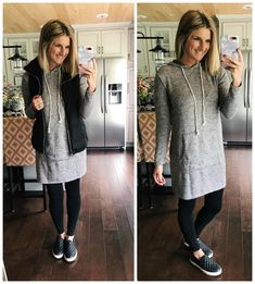 Fall Fashion // Tunic + Vest + Leggings #fallfashion #cozycasual #shopthelook Tunic Outfit, Tunics With Leggings, Shiny Leggings, Legging Outfits, Weekly Outfits, Petite Outfits, Autumn Fashion Women, Sweatshirt Dress