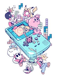 an old nintendo game console surrounded by cartoon characters