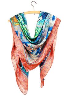 Villandry Scarf by AMET & LADOUE Patterned Silk Scarf Shawl, Patterned Silk Shawl Scarf, Luxury Artistic Multicolor Scarves, Artistic Multicolor Silk Scarf With Abstract Shape, Luxury Multicolor Artsy Silk Scarf, Goldfish Pond, Silk Twill, Hosiery, Silk Printing