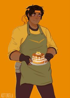 a woman in an apron holding a cake