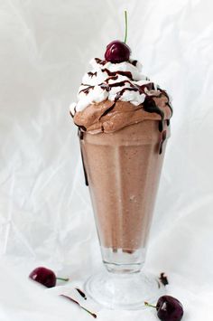 a chocolate milkshake with whipped cream and cherries