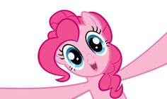 the pinkie pony has big blue eyes and is waving her arms in front of him