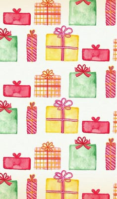 watercolor gift boxes with bows and ribbons on a white background seamless wallpaper