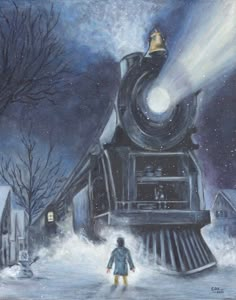 a painting of a person standing next to a train in the snow with a light shining on it