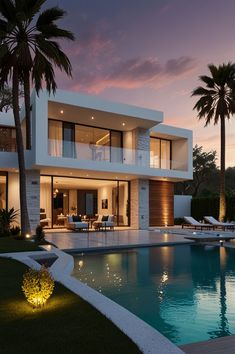 a house with a swimming pool in front of it at sunset or dawn, surrounded by palm trees and lawn furniture