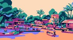 a colorful illustration of boats and people on the water in front of houses with trees