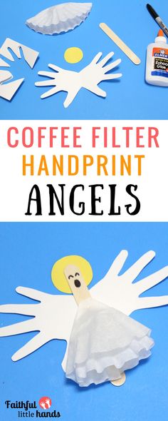 coffee filter handprint angel craft for kids to make it looks like they are in the air