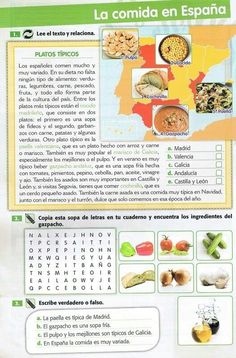 a spanish language poster with pictures of food