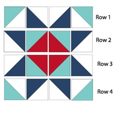 the quilt block is shown with four different colors and sizes, including blue, red, and