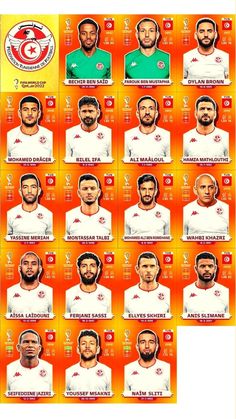an orange poster with many different soccer players on it's sides, all in white and red
